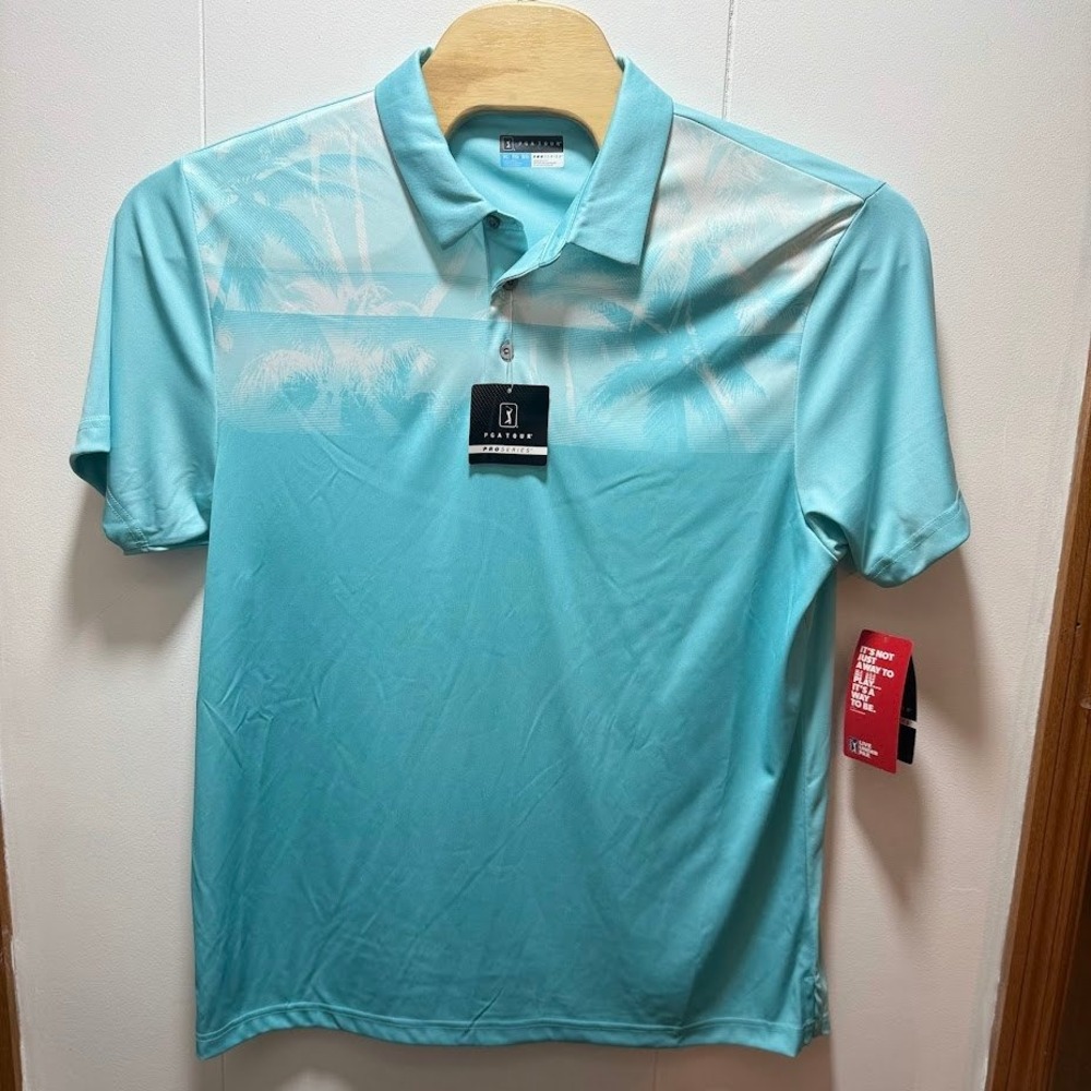 PGA Tour Pro Series Mens XL Turquoise Palm Tree Tropical Golf Polo Shirt‎ NEW